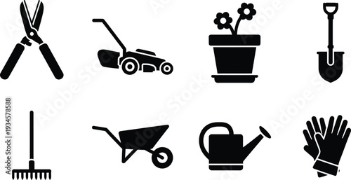 Icon bundle for gardening and landscaping tools and equipment symbols
