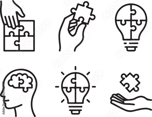 puzzle jigsaw teamwork challenge solution icon set line style business mission creative problem solving puzzle match