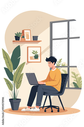 uomo seduto computer mentre studia o lavora da casa vettoriale 