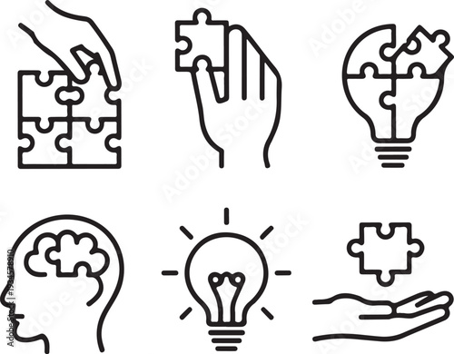 puzzle challenge solution icon set business teamwork mission jigsaw piece match part problem solving management vector