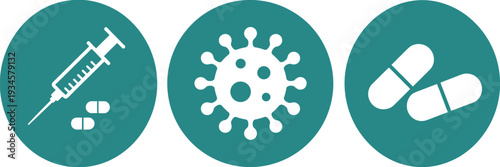 Healthcare Icons Set Featuring Syringe, Virus, Cells, and Pills Vector Illustration for Medical, Science, Research, Laboratory, and Pharmaceutical Concepts in Digital Graphic Design