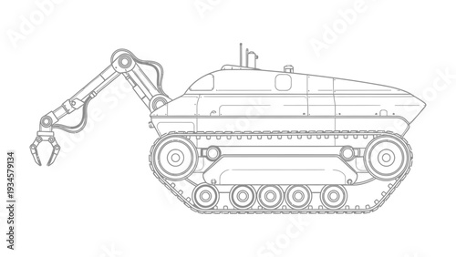 Engineering Marvel: A detailed monochrome illustration showcases a futuristic robotic vehicle, highlighting advanced technology and design innovation. 