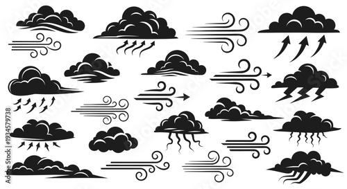 Black silhouette design illustrations of various weather elements, including clouds, wind, and rain