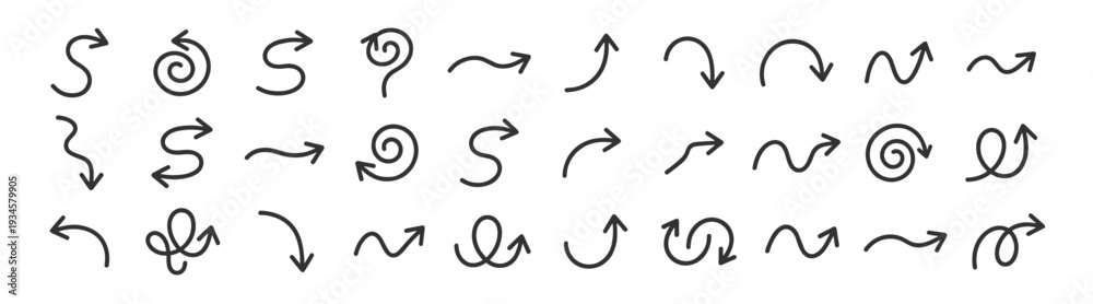Obraz premium Hand drawn arrow doodle icons bundle, curved swirl direction pointer navigation symbols on transparent background