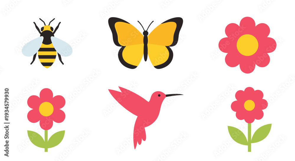 Fototapeta premium Cute cartoon illustration featuring a bee, butterfly, flowers, and hummingbird. Ideal for spring-themed designs.