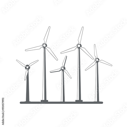 Wind turbines generating clean energy, with a simple vector style graphic. The windmills are silhouetted against a plain background, highlighting their modern design and sustainable nature