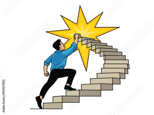 Businessman climbs upward on winding stairs toward a bright shining star representing success.