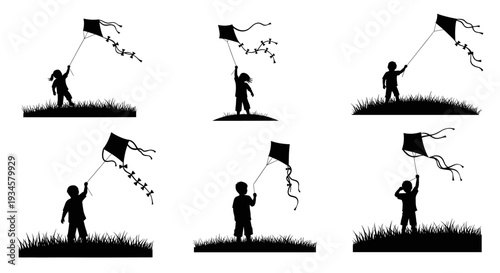 Children silhouettes flying kites on the grassy meadow, a symbol of childhood freedom and joy