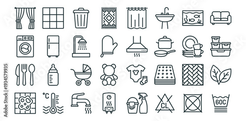 Home household line icons set, cleaning laundry kitchen appliance furniture and domestic interior symbols on transparent background