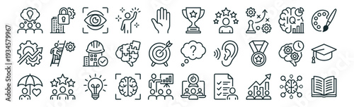 Innovation and creativity line icons set, idea brain strategy leadership education analytics and development symbols on transparent background