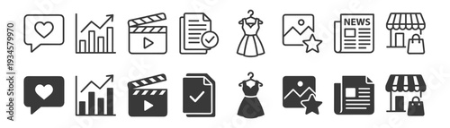 Social media and ecommerce marketing icons set, content communication business promotion news and shopping symbols on transparent background