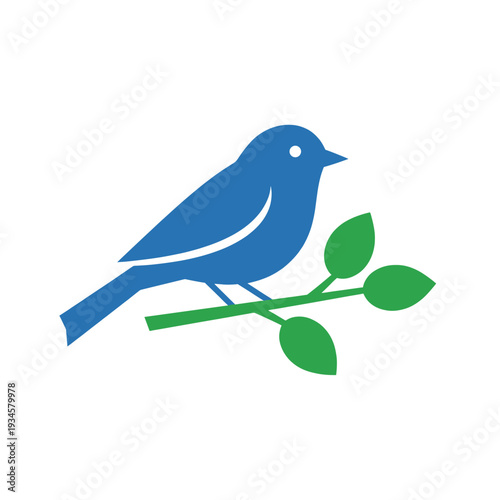 A charming blue bird perching on a green branch with leaves, a symbol of serenity and the beauty of nature.