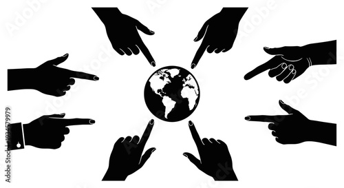 A global view with hands pointing at the Earth, highlighting themes of global issues and responsibility.