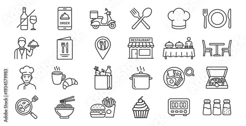 Restaurant and food service line icons set, cooking chef menu dining meal cafe and catering symbols on transparent background