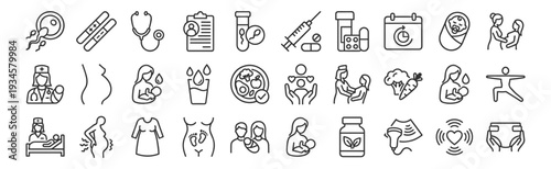 Pregnancy and maternity healthcare line icons set, medical clinic doctor baby newborn and pediatric symbols on transparent background