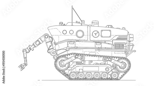 Mechanical Marvel: A detailed, technical illustration showcases a cutting-edge tracked vehicle, equipped with an articulated arm, antenna, and portholes, hinting at its advanced capabilities.