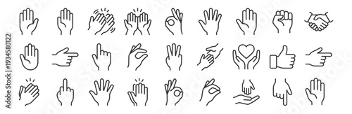 Hand gesture outline icons set, finger sign communication support agreement and interaction symbols on transparent background