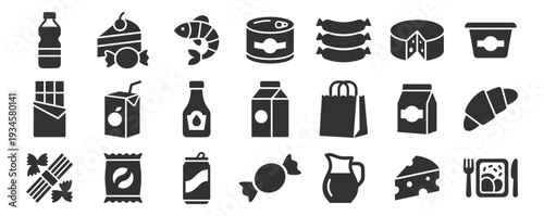 Grocery and food product silhouette icons set, dairy snack beverage cheese fish sausage and supermarket items on transparent background