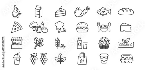 Organic food and grocery line icons set, fresh healthy market products vegetable fruit dairy bread and fish symbols on transparent background