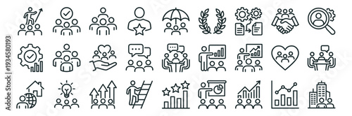 Business teamwork and leadership line icons set, management collaboration strategy growth communication and corporate development symbols on transparent background