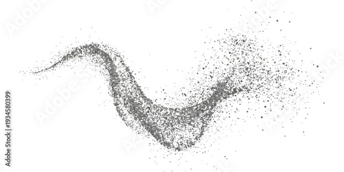 A dynamic wave-like trail of grey particles dispersing against a clean white background