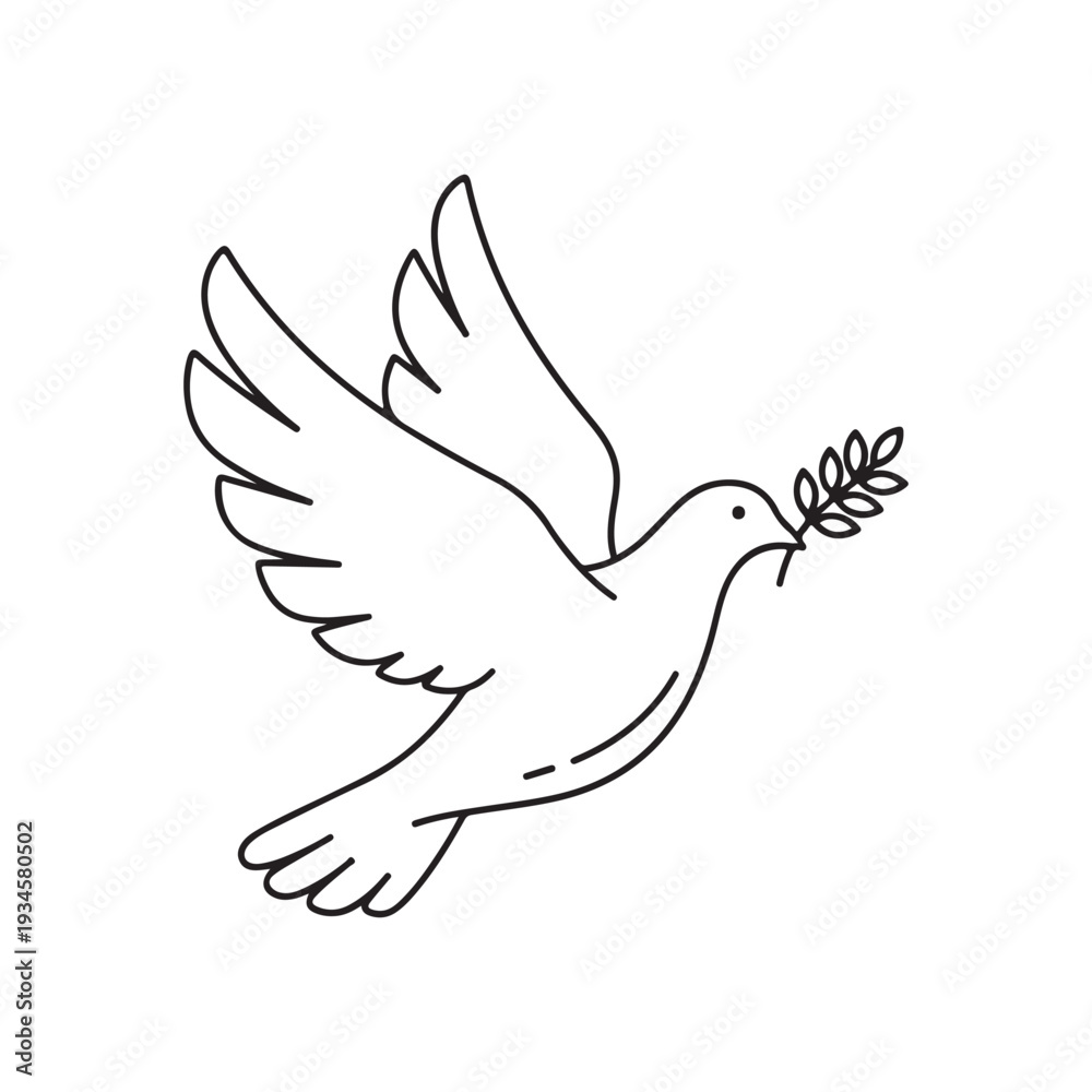 Obraz premium Flying peace dove outline vector flat illustration design. Simple peace dove icon