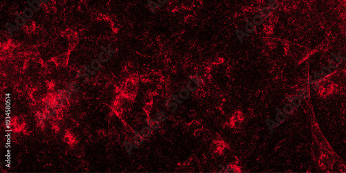 Blood splash space on wall, red horror wall background, dark slate back background. Red color powder explosion isolated on black background. Decorative red panoramic background texture Vintage texture