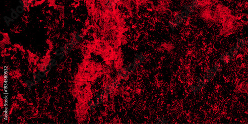 Blood splash space on wall, red horror wall background, dark slate back background. Red color powder explosion isolated on black background. Decorative red panoramic background texture Vintage texture