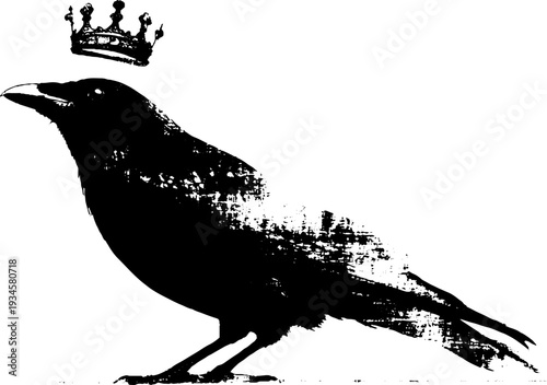 Majestic raven with crown in high contrast ink illustration - artistic design for prints