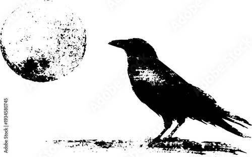 Mysterious raven and moon silhouette in high contrast ink illustration for decorative design