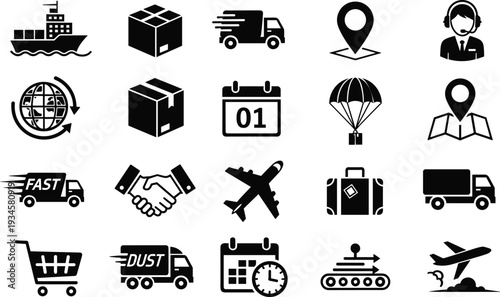Black and white logistics on white background shipping transportation delivery
