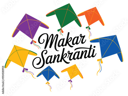 Multiple colorful kites are depicted flying around "Makar Sankranti" text, celebrating the.
