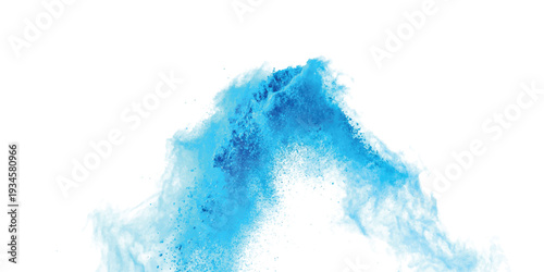 A dynamic explosion of vibrant blue powder against a clean white background, creating an abstract and energetic visual effect