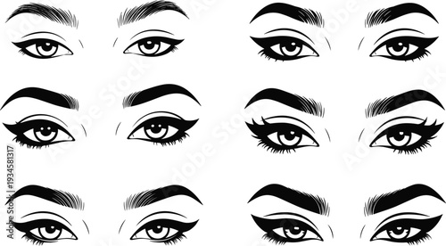 Black and white of multiple female eyes with different eyebrow and eyeliner styles eye makeup eyebrows
