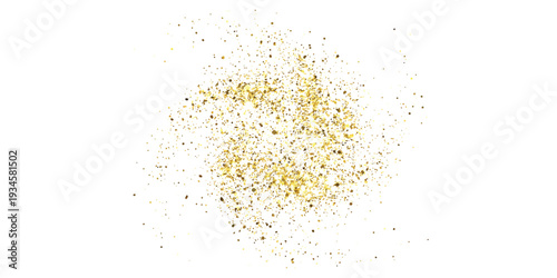 A beautiful cluster of fine golden glitter particles scattered and isolated on a clean white background