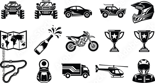 Black and white of vehicles and racing symbols truck motorcycle helicopter