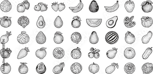 Black and white of various fruits and vegetables stippling dotwork
