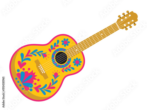 Vibrant acoustic guitar decorated with colorful folk-art floral patterns on a bright yellow body.