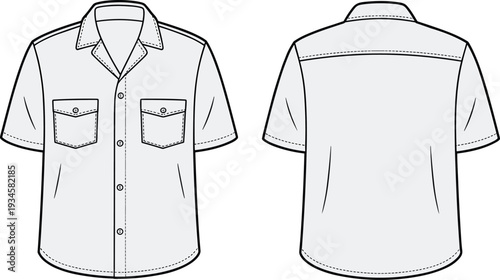 Short sleeve button-up shirt, technical flat sketch, flap pockets, collar stand, yoke back, curved hem, fashion illustration, apparel template