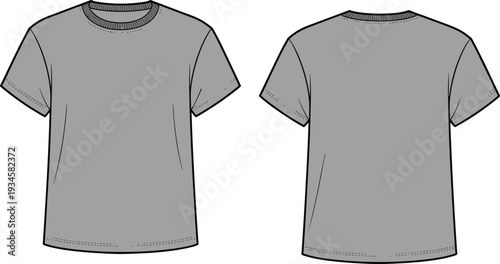 Short sleeve crew neck T-shirt, technical flat sketch, front back view, basic tee design, fashion illustration, apparel template