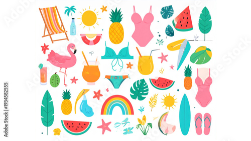 Flat Summer Vacation Elements Vector Set Beach Chair, Flamingo, Pineapple and Tropical Icons