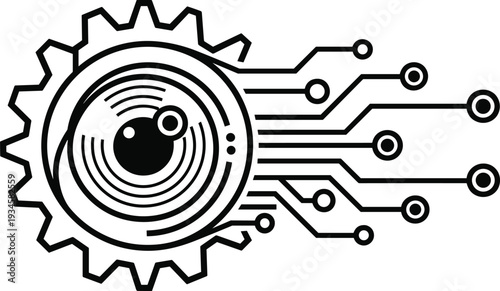 Artificial intelligence digital eye with gear and circuit board lines for machine learning, cyber vision, industrial automation, and futuristic technology.