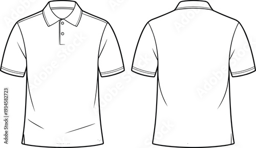 Short sleeve polo shirt, technical flat sketch, fashion design template, apparel illustration, front and back view, garment construction, vector drawing