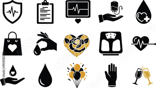 Healthcare and medical monitoring icon set with heart and blood symbols