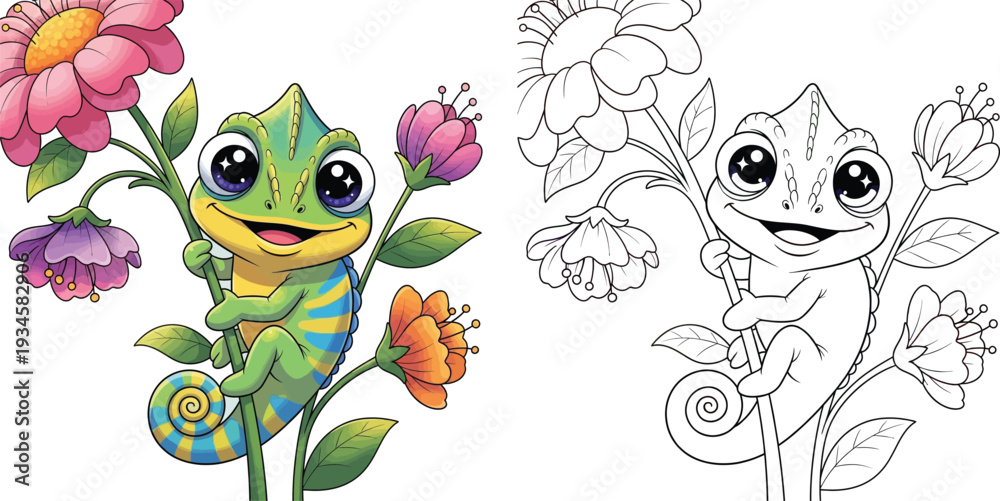 Fototapeta premium Cute Cartoon Chameleon Climbing Colorful Flowers Coloring Page