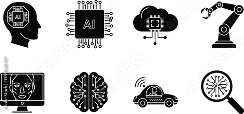 Artificial intelligence icons set, AI technology symbols, robotic arm, machine learning brain, cloud computing, processor chip, autonomous car, facial recognition