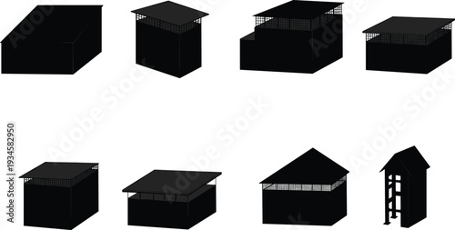 Silhouette architecture collection, black building structures, urban design illustration set, residential and commercial construction icons, creative house and tower shapes