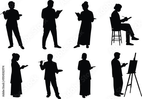 Silhouette artists painting and drawing in creative poses, holding brushes, palettes, sketchpads, working on easels, flat vector illustration