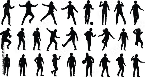 Active men silhouettes dancing, jumping and moving poses collection, vector illustration