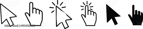 Black and white computer mouse cursor icons set, hand pointer click symbols, digital interface arrow collection, web navigation vector illustration